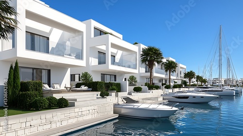 Modern Waterfront Villas with Docked Boats in a Bright Sunny Setting