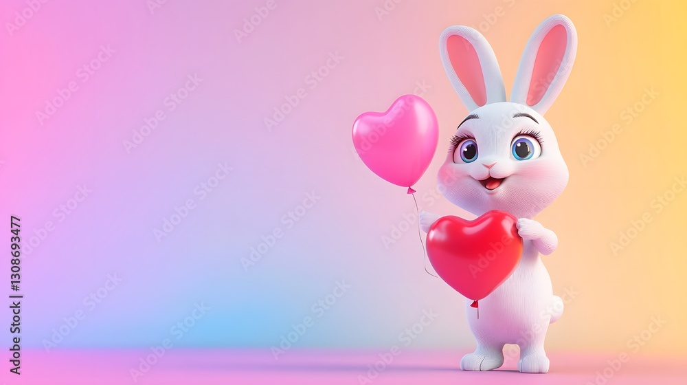 Obraz premium Adorable White Bunny with Pink and Red Heart Balloons on Pastel Background