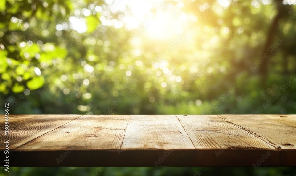 Wooden Tabletop in Forest with Bokeh Sunlight Background for Product Display Wooden Tabletop in Forest with Bokeh Sunlight Background for Product Display