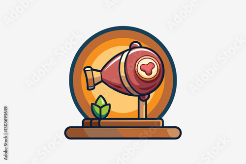 Ham leg on a wooden stand. Dry meat, farm food. Jamon on the wooden jamonera. Vector illustration on the white background