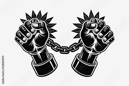 Two hands clenched into a fist tearing chains that they shackled the symbol of the revolution of freedom. vector silhouette illustration isolated on white background
