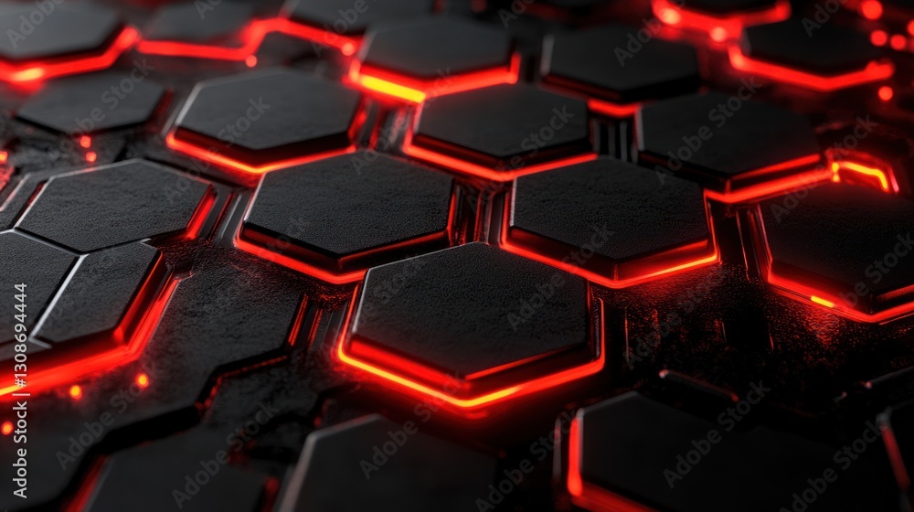 Futuristic honeycomb structure with illuminated red edges and geometric pattern Futuristic honeycomb structure with illuminated red edges and geometric pattern