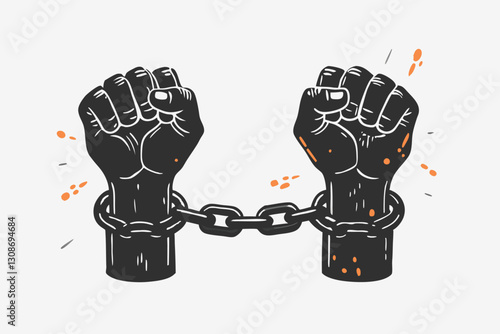 Two hands clenched. The Arrest and Handcuffs icon is used. Fists with broken chains on a white background.