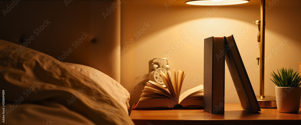 Fototapeta premium Hardcover books on bedside table with lamp and clock, cozy atmosphere
