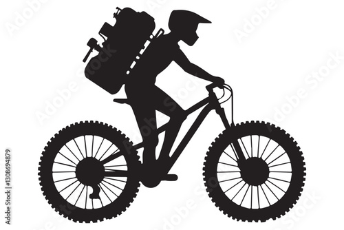 Person Riding Mountain Bike Silhouette with Backpack for Adventure photo