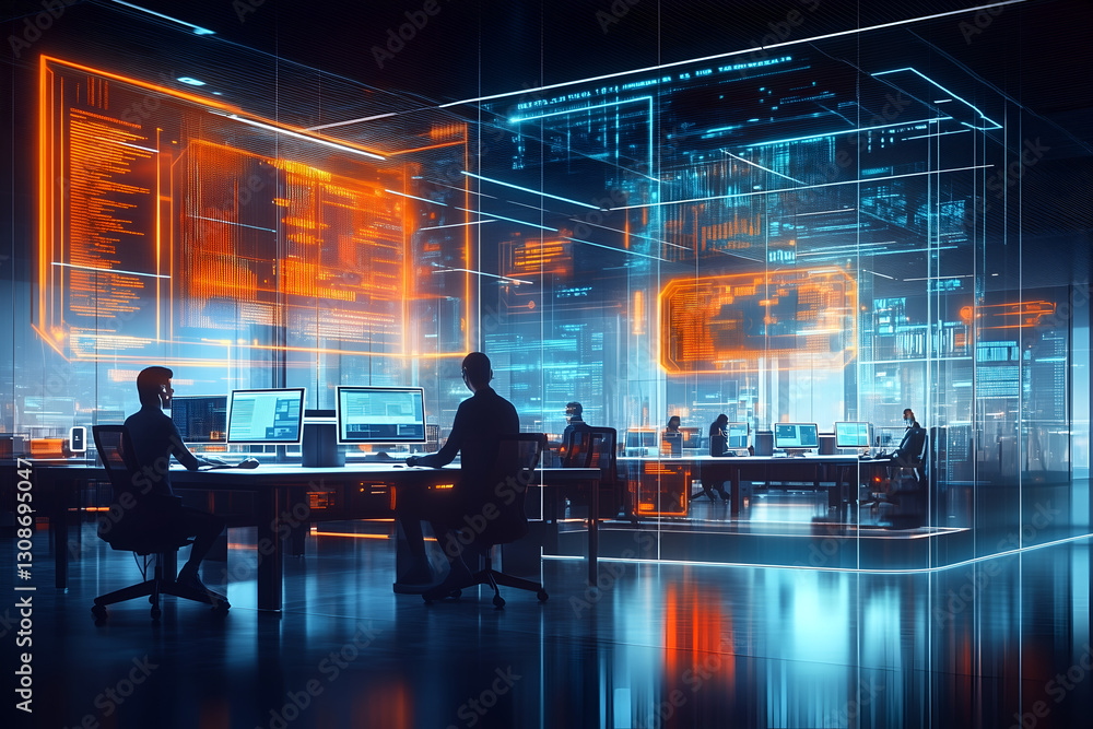 High-Tech Workspace Featuring Holographic Digital Overlays and AI Integration High-Tech Workspace Featuring Holographic Digital Overlays and AI Integration
