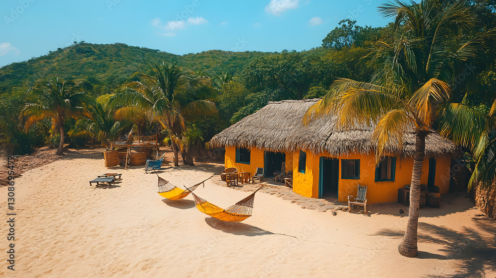 Tropical Haven: a charming yellow bungalow nestles on a sandy beach embraced by swaying palm trees and lush tropical vegetation, inviting relaxation and a sense of escape.