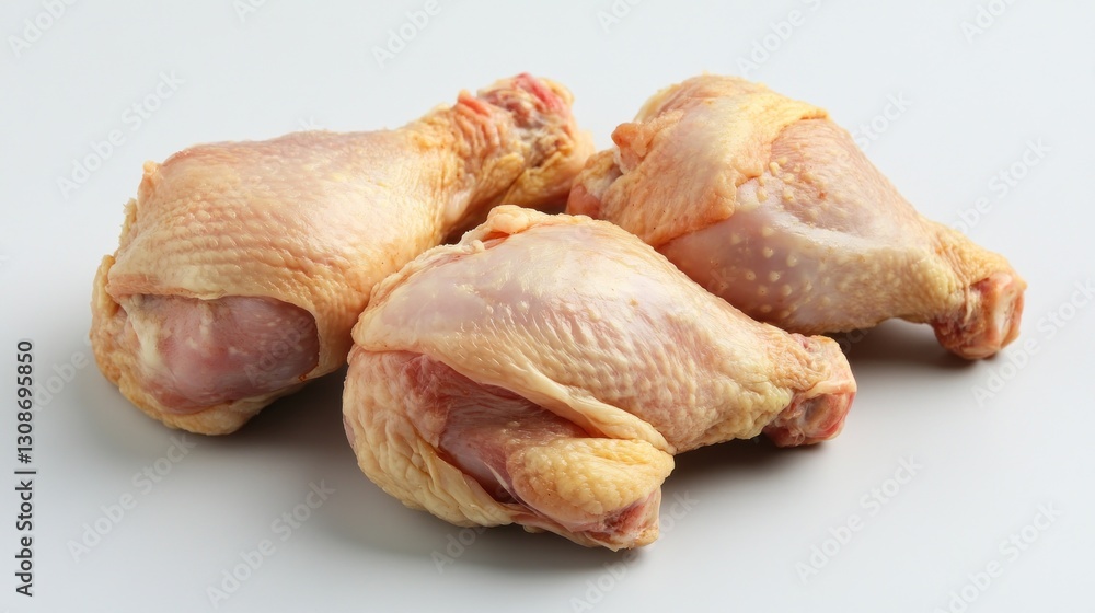 Three raw chicken drumsticks on a light gray surface. Three raw chicken drumsticks on a light gray surface.