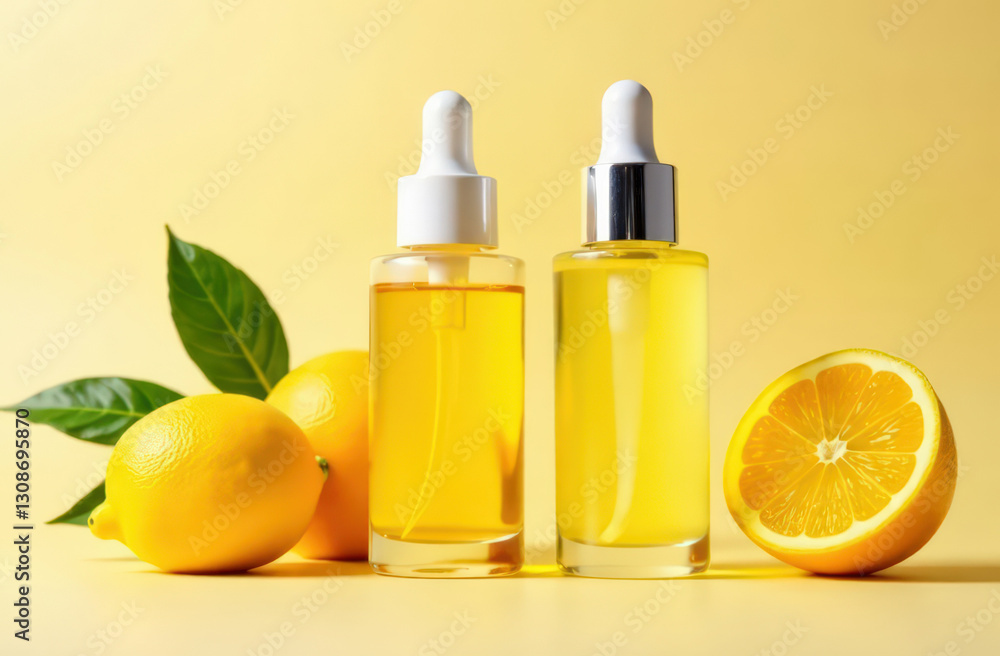 Lemon essential oil bottles with fresh lemons on yellow background Lemon essential oil bottles with fresh lemons on yellow background