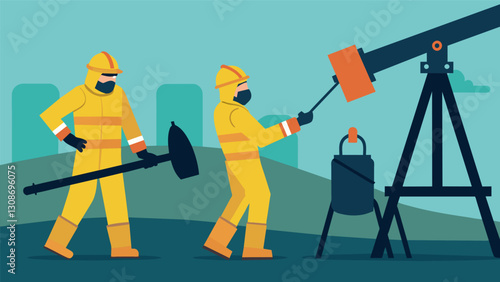 Two technicians wearing gas masks and protective suits slowly lowering a long pipe into the heart of an active oil well to retrieve a precious sample.. Vector illustration