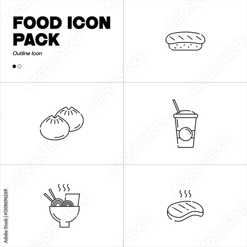 Food icon bundle. Sushi, dimsum, cup of drink, ramen, steak. Vector set