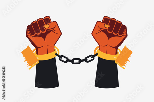 human hands handcuffed or chained. Human hands break the iron chain from the shackles on a white background. Vector illustration