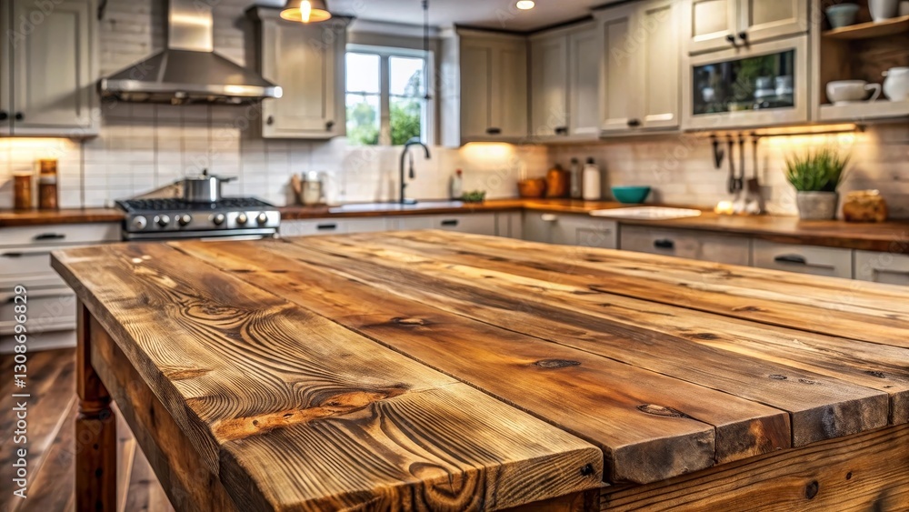 Rustic Farmhouse Kitchen Island Tabletop with Warm Wood Grain and Blurred Background Rustic Farmhouse Kitchen Island Tabletop with Warm Wood Grain and Blurred Background