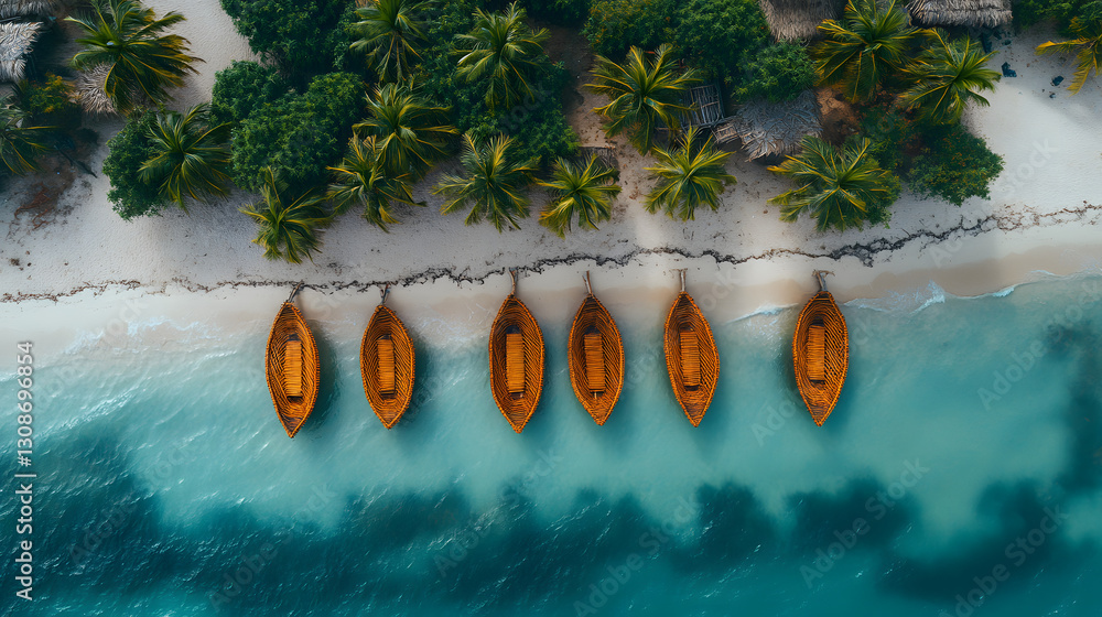 Paradise Cove: A breathtaking aerial perspective of a tropical paradise, where wooden boats rest peacefully on a sandy shore embraced by a turquoise sea, with lush green palm trees.
