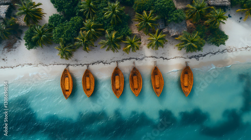 Obraz na płótnie Paradise Cove: A breathtaking aerial perspective of a tropical paradise, where wooden boats rest peacefully on a sandy shore embraced by a turquoise sea, with lush green palm trees. w salonie
