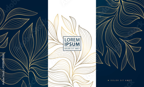Vector set of gold luxury art deco backgrounds, nature fancy ornate pattern. Leaf floral wine, spa, beauty products, perfume, tea design. Vintage box elegant template.