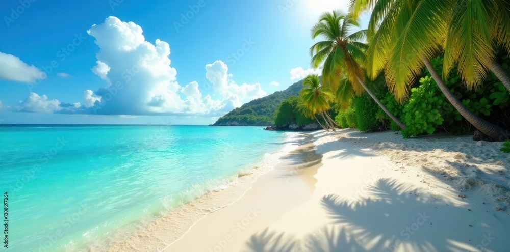 Sun-drenched beach, turquoise water, lush palms, bright, travel, exotic Sun-drenched beach, turquoise water, lush palms, bright, travel, exotic