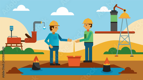Workers overseeing the process of injecting water chemicals and sand into the well to stimulate the release of natural gas.. Vector illustration