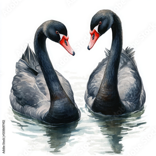 Fototapeta Naklejka Na Ścianę i Meble -  Graceful black swans swim in water creating beautiful realistic illustration