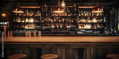 Old-World Bar Scene with Hanging Lights and a Fully Stocked Background