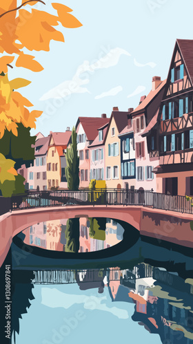 Picturesque Colmar Canal View in Alsace France: Minimalist Flat Vector Landscape Poster