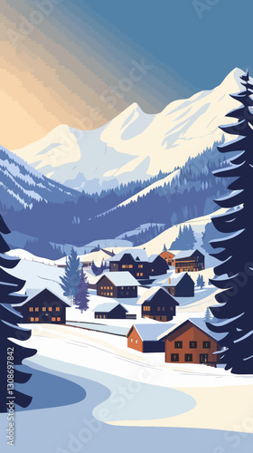 Winter Wonderland in Wengen: Minimalist Swiss Mountain Village Landscape Poster