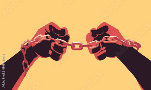 Minimalist Vector of Hands Breaking Chains Symbolizing Freedom and Liberation