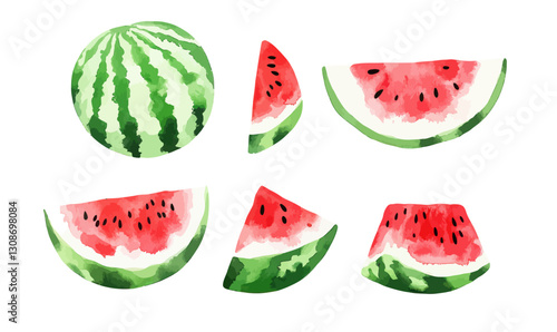 Watercolor Vector Illustration of Ripe Watermelon Slices and Whole Fruit on White Background