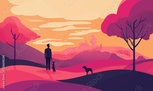 Vibrant Fantasy Landscape with Man and Dog in Minimalist Style Vector Illustration