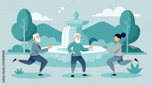 Silverhaired participants engaged in a Tai Chi session surrounded by the soothing sounds of a bubbling fountain.. Vector illustration