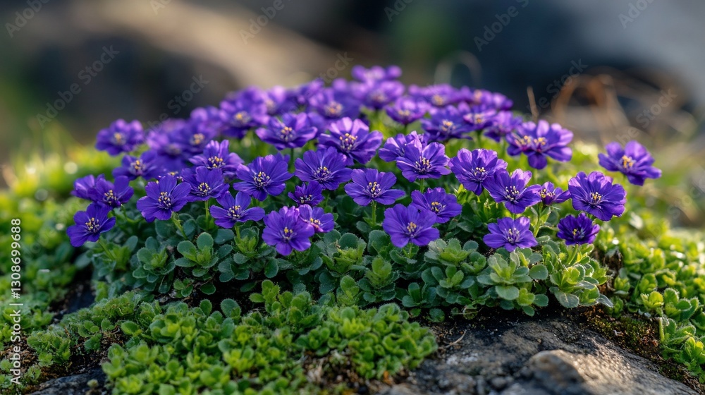 Obraz premium Alpine purple flowers blooming on rocks, sunlight, nature