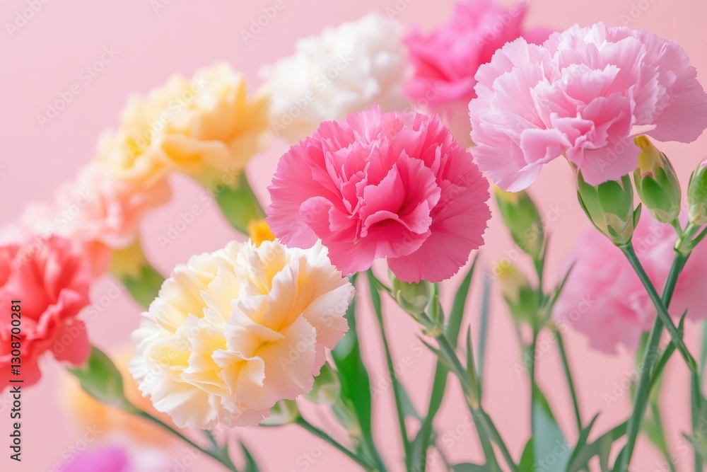 Obraz premium Lovely carnation bouquet on gentle pink background, ideal for romantic events, heartfelt gifts, or joyous celebrations like mother's day and special birthdays