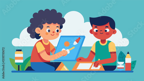Two children working side by side their artwork reflecting their unique perspectives and personalities.. Vector illustration