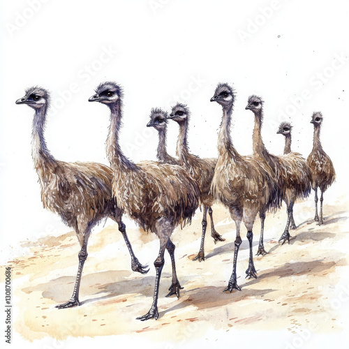 flock of young emus gallop happily across sandy landscape in watercolor art photo