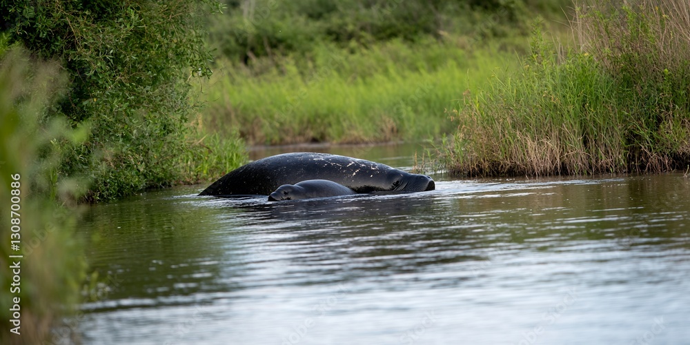 a manatee floating gently while nursing her baby a manatee floating gently while nursing her baby