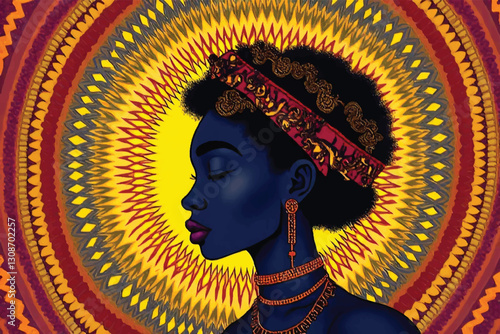 Spirituality enlighten or ritual African naive art eomtion concept the woman close eyes and have colorful aura light behide her head is very omtion peaceful of art feling for print and decorate work .