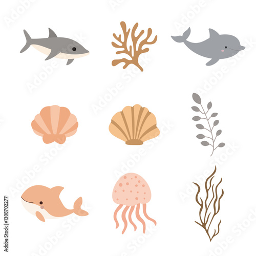 Sea Ocean Marine Life Elements Set Dolphin Shark Whale Scallop Shell Jellyfish Coral Reef Plant