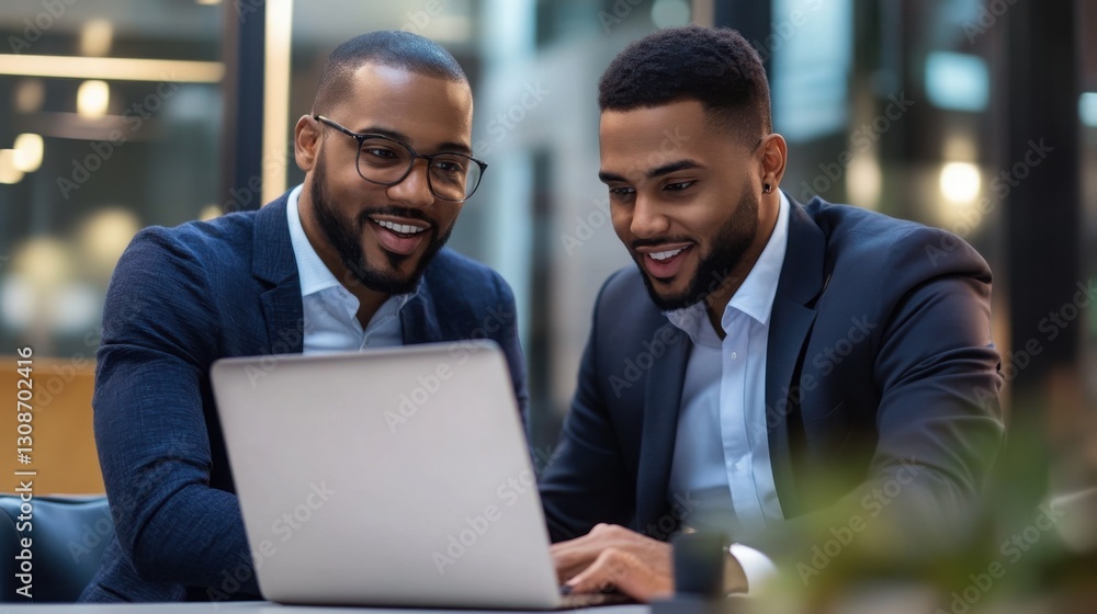 Two business leaders sharing ideas, typing notes on a laptop while collaborating in an office environment Two business leaders sharing ideas, typing notes on a laptop while collaborating in an office environment