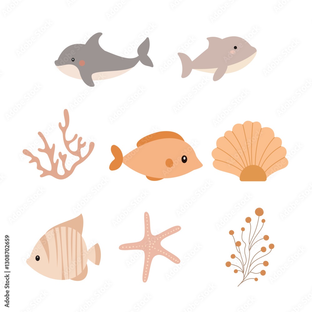 Fototapeta premium Sea Ocean Beach Marine Life Elements Set of Dolphin Fish Scallop Shell Starfish Coral Reef Plant