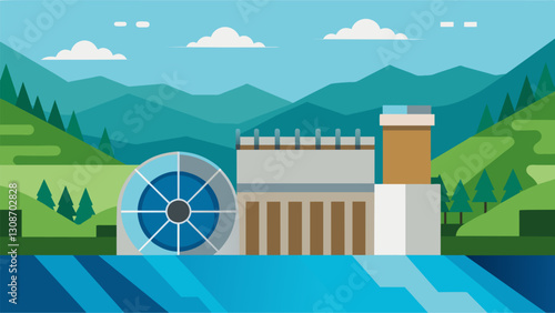 The sleek and modern design of a hydroelectric turbine blends seamlessly with its natural surroundings utilizing the energy of a river to generate. Vector illustration