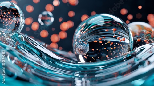 Abstract water droplets with orange bokeh on rippling surface