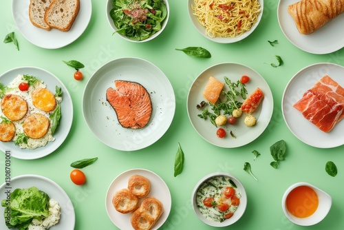 Wallpaper Mural Culinary assortment of vibrant dishes on a green backdrop featuring fresh ingredients and diverse flavors Torontodigital.ca