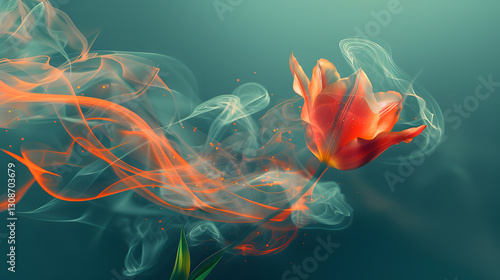 Abstract red tulip flower design with swirling smoke effects, creating an artistic and elegant floral composition.