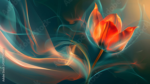 Abstract red tulip flower design with swirling smoke effects, creating an artistic and elegant floral composition.
