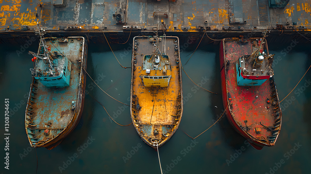 A Trio of Vessels: Overhead view showcasing a row of docked boats, each showcasing unique colors and signs of weathering, juxtaposed in a study of industrial texture and maritime age.