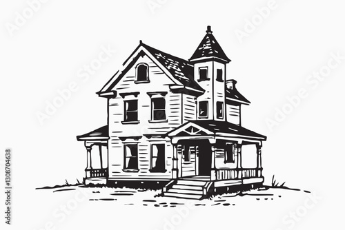 Black and white drawing of a house with a bat on the top. Old Features Expansive Lawn and Artistic Garden Design Isolated vector illustration