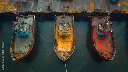 Obraz na płótnie A Trio of Vessels: Overhead view showcasing a row of docked boats, each showcasing unique colors and signs of weathering, juxtaposed in a study of industrial texture and maritime age. w salonie