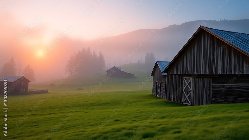 Foggy Sunrise Over Rustic Barns and Mountain Fields Foggy Sunrise Over Rustic Barns and Mountain Fields