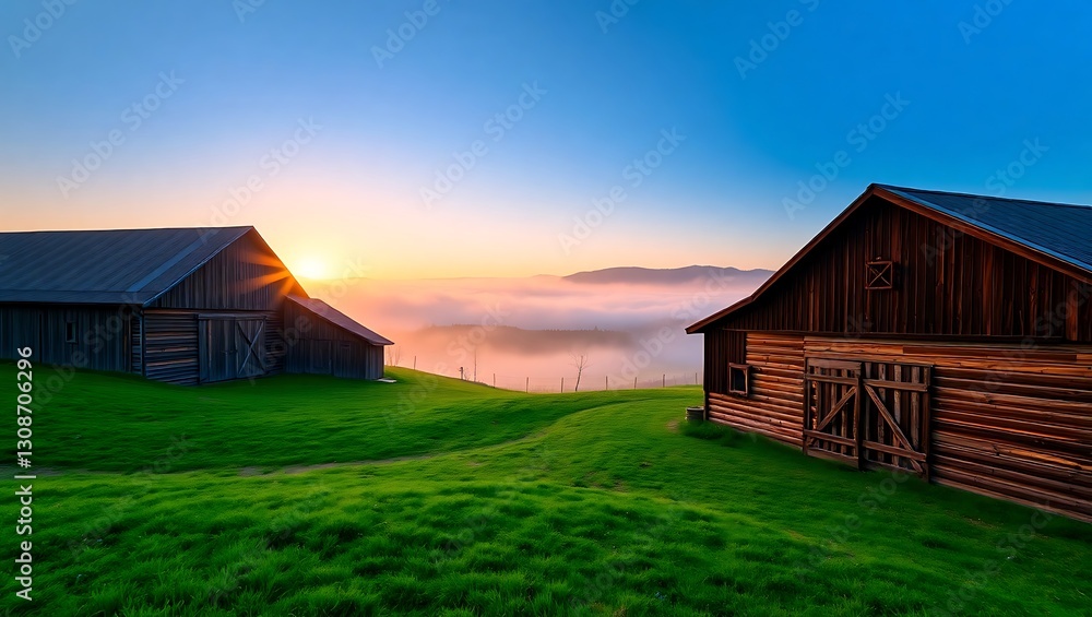 Foggy Sunrise Over Rustic Barns and Mountain Fields Foggy Sunrise Over Rustic Barns and Mountain Fields