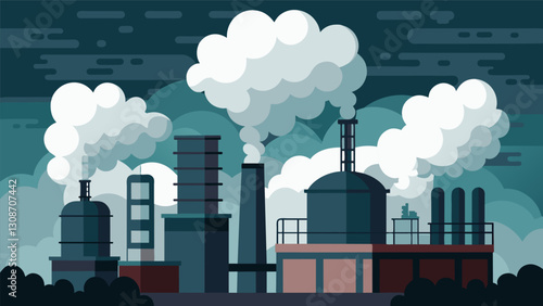 Thick clouds of steam rising from the refining tanks giving the environment a hazy industrial feel.. Vector illustration